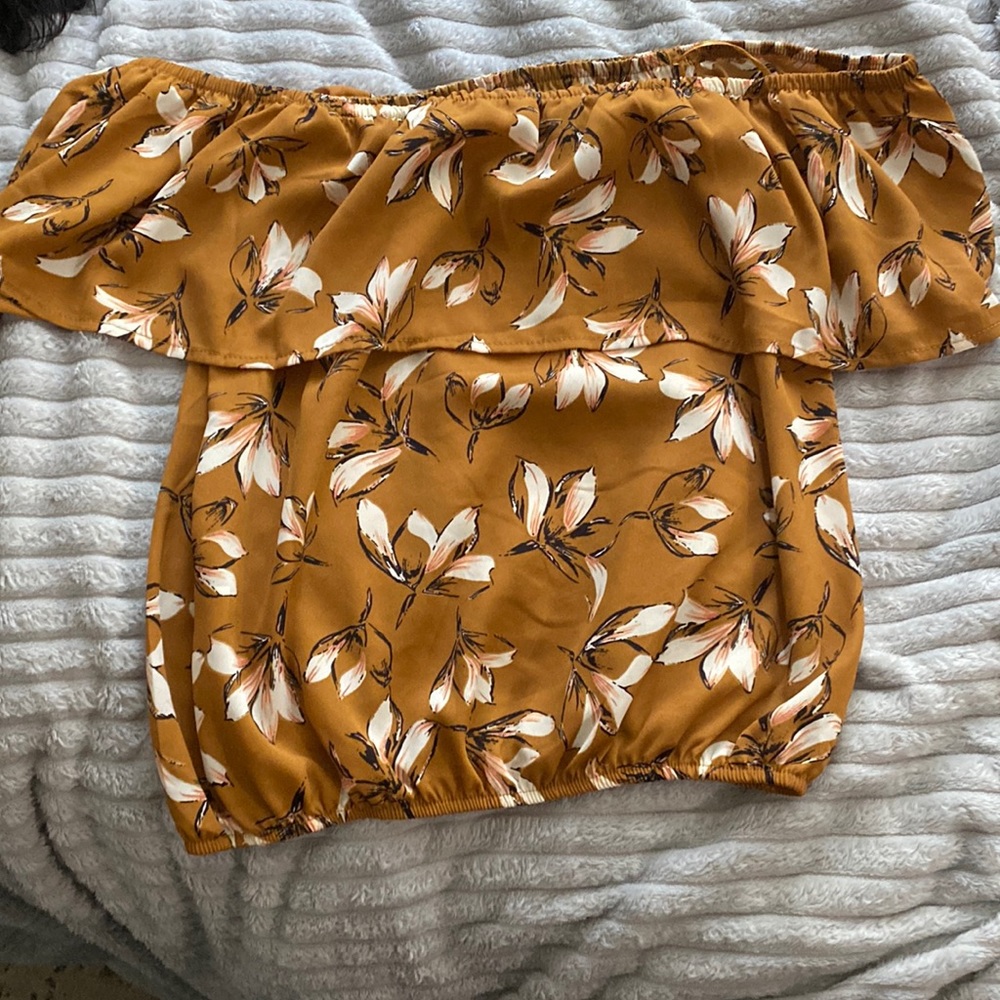 Off the shoulder floral and brown blouse